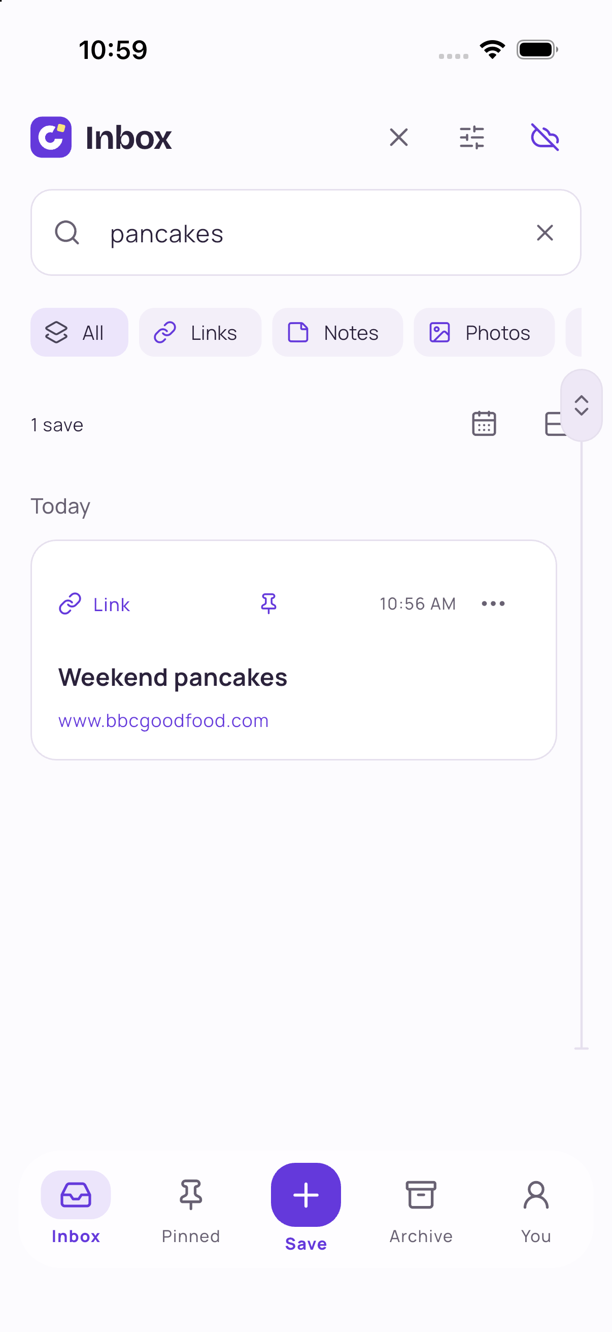 Searching for pancakes in CatchIt returns the pinned Weekend pancakes link.
