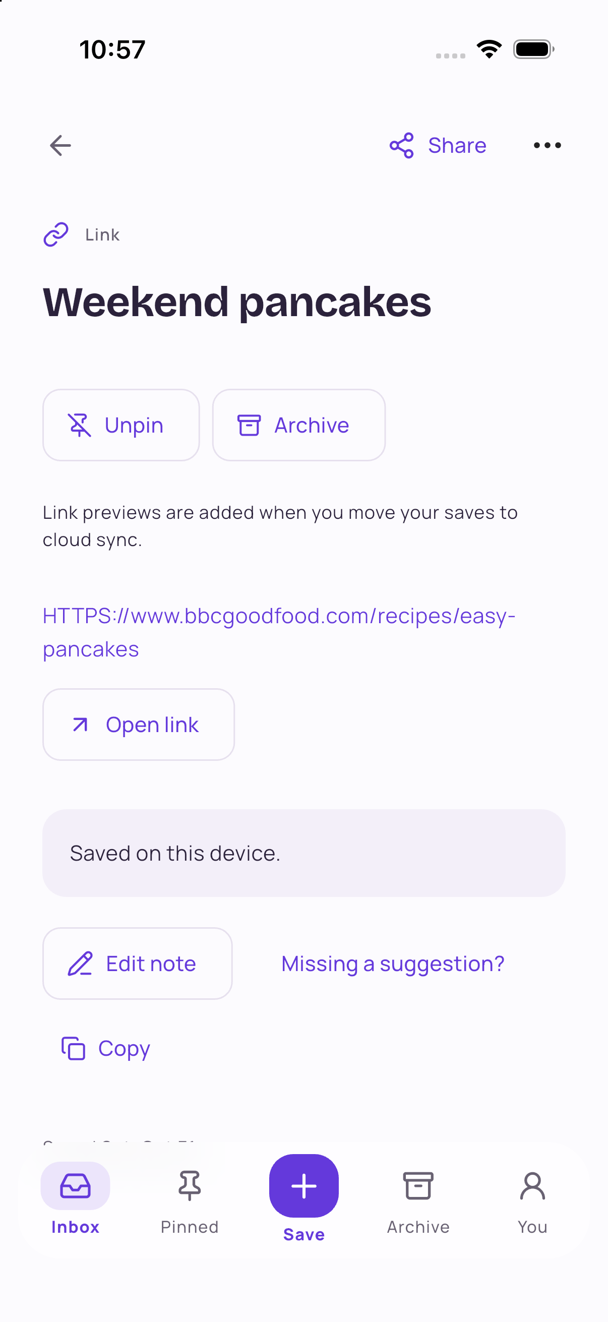 The Weekend pancakes save in CatchIt, showing Share, Unpin, Open link, Copy, and Saved on this device.