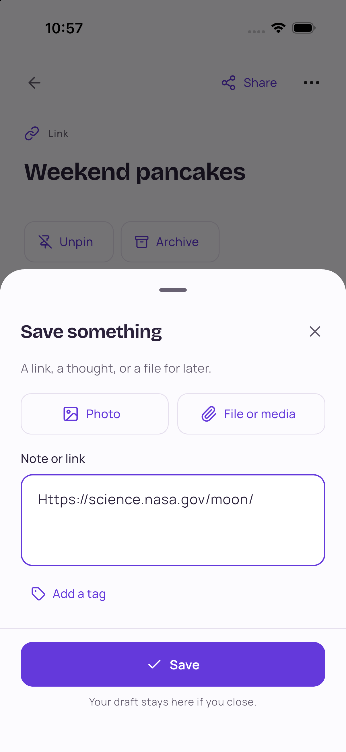 CatchIt’s Save something sheet with a NASA Moon URL in Note or link, optional Add a tag, and the Save button.