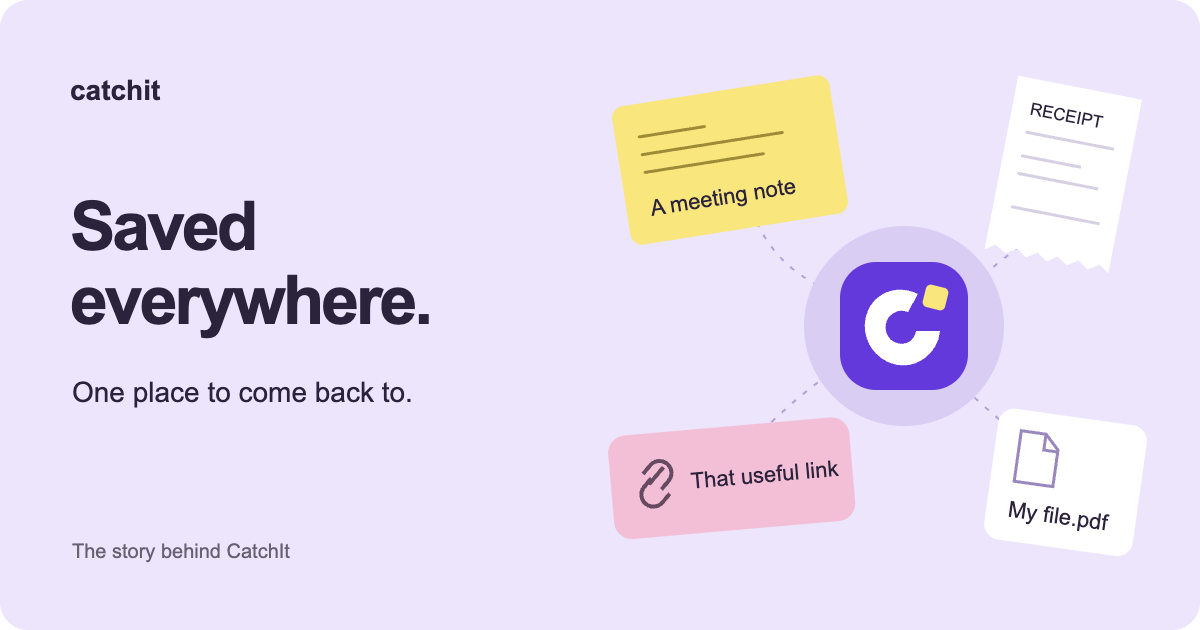 Scattered notes, a receipt, a link and a file coming together in CatchIt.